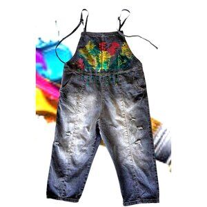 NWT YESNO Denim Painted Bib Overalls Medium Drop Crotch Wide Leg Pants Jumpsuit
